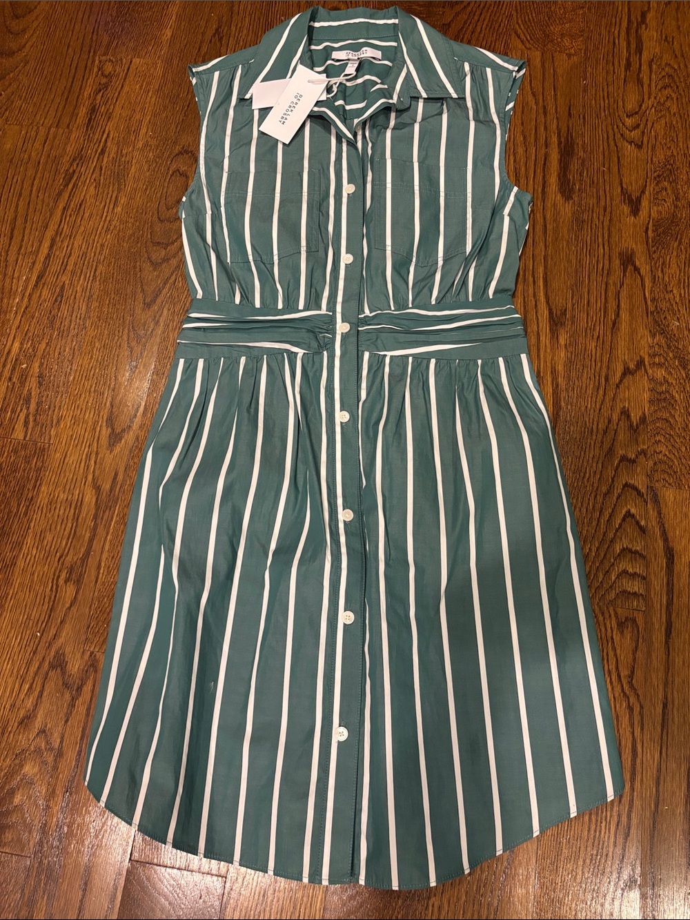 Derek Lam 10 Crosby Sleeveless Green and White Vertical Stripe Shirt Dress